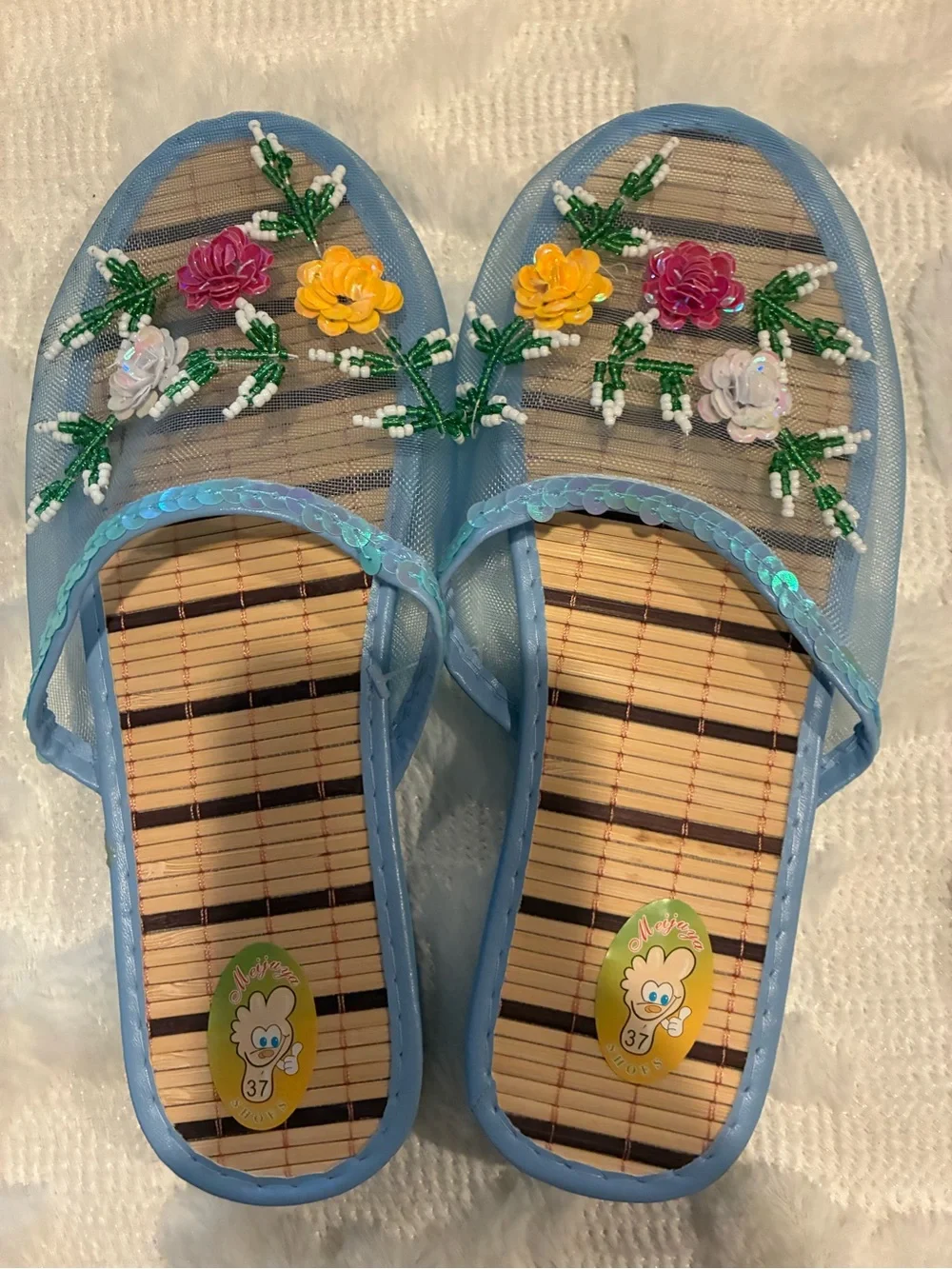 Kids Floral Beaded Blue Slide Sandals - Comfort Slip-On